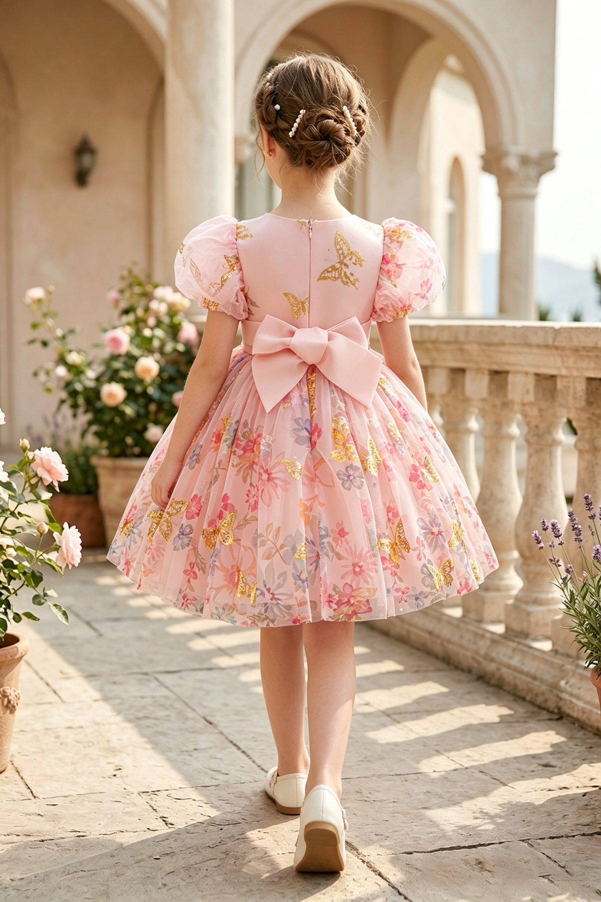 Pink Chiffon Gold Foil Butterfly Floral Print Round Neck Bow Dress