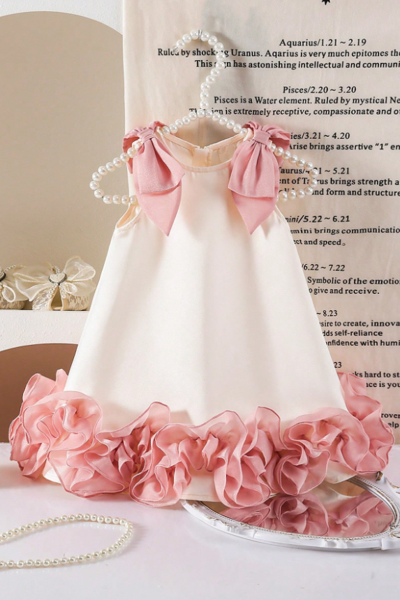 Cream Pink Chiffon Shoulder Bows Ruffle Hem Dress