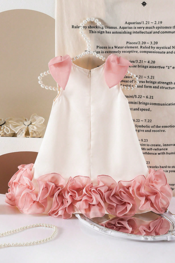 Cream Pink Chiffon Shoulder Bows Ruffle Hem Dress