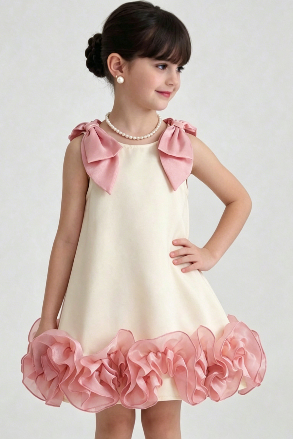 Cream Pink Chiffon Shoulder Bows Ruffle Hem Dress