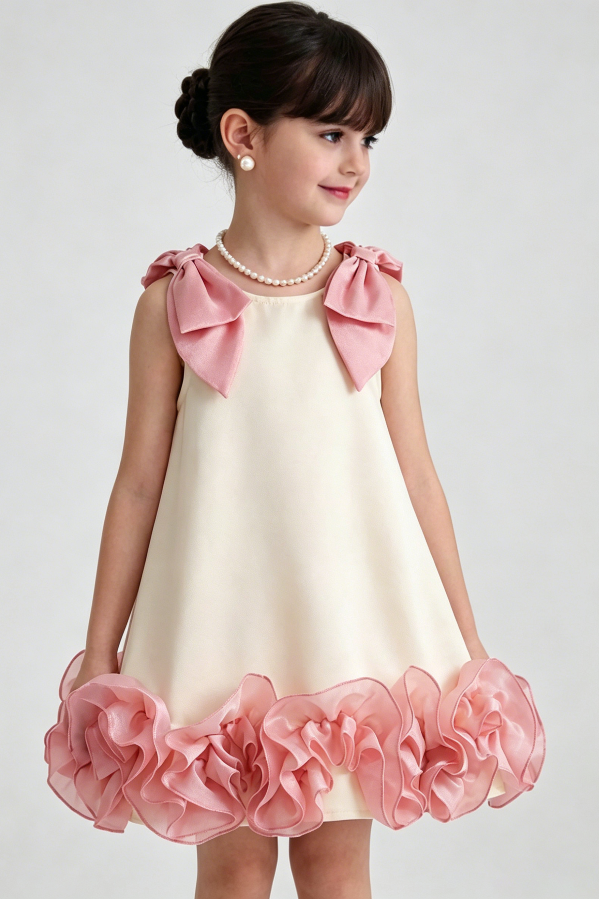 Cream Pink Chiffon Shoulder Bows Ruffle Hem Dress