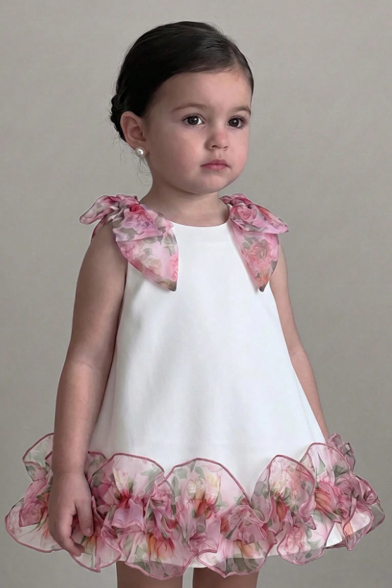 White & Pink Floral Chiffon Shoulder Bows & Ruffle Hem Dress