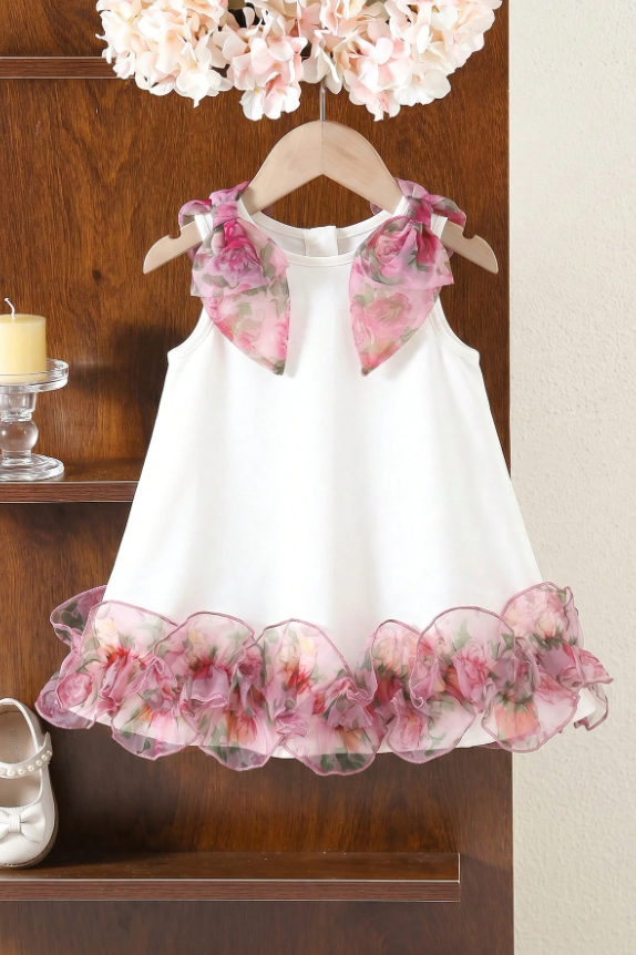 White & Pink Floral Chiffon Shoulder Bows & Ruffle Hem Dress