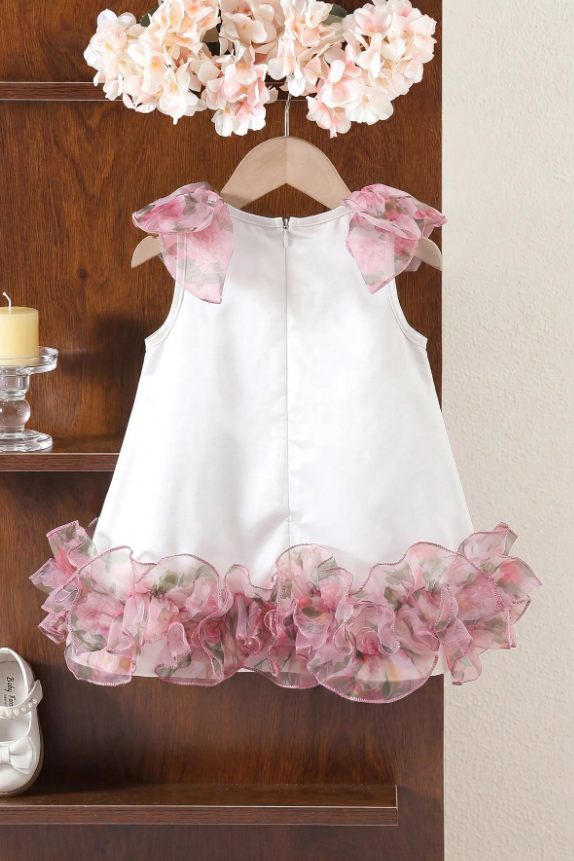 White & Pink Floral Chiffon Shoulder Bows & Ruffle Hem Dress