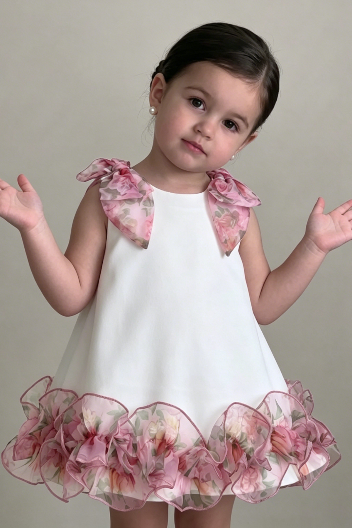 White & Pink Floral Chiffon Shoulder Bows & Ruffle Hem Dress