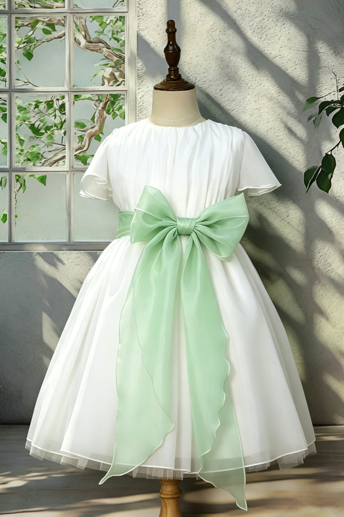 White Chiffon Blue Waist A-Line Dress
