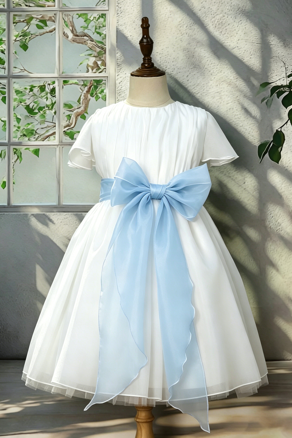 White Chiffon Blue Waist A-Line Dress