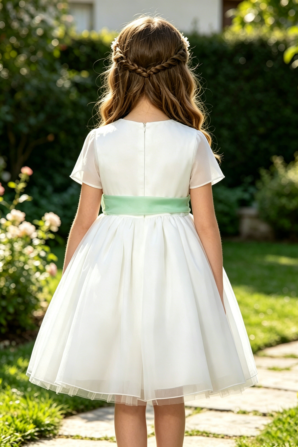 White Chiffon Blue Waist A-Line Dress