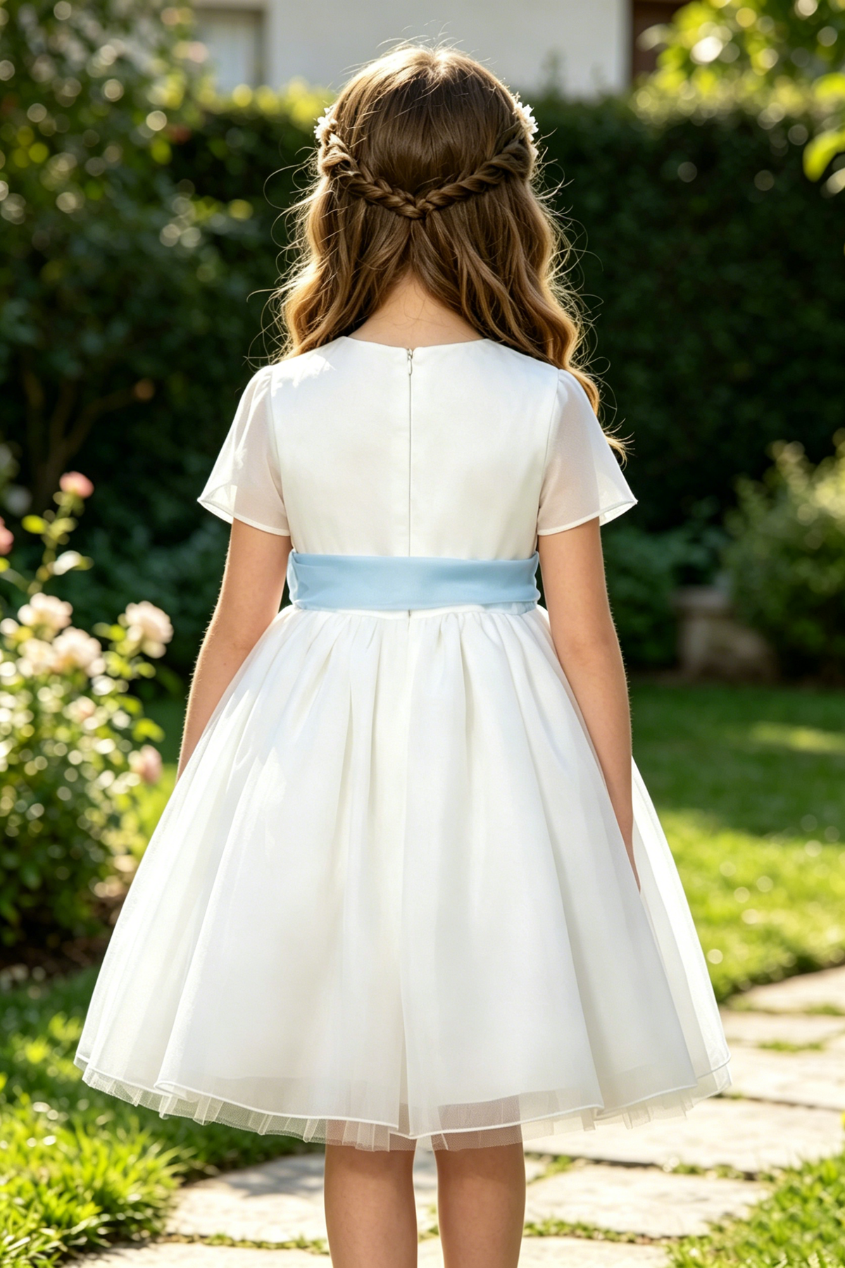 White Chiffon Blue Waist A-Line Dress
