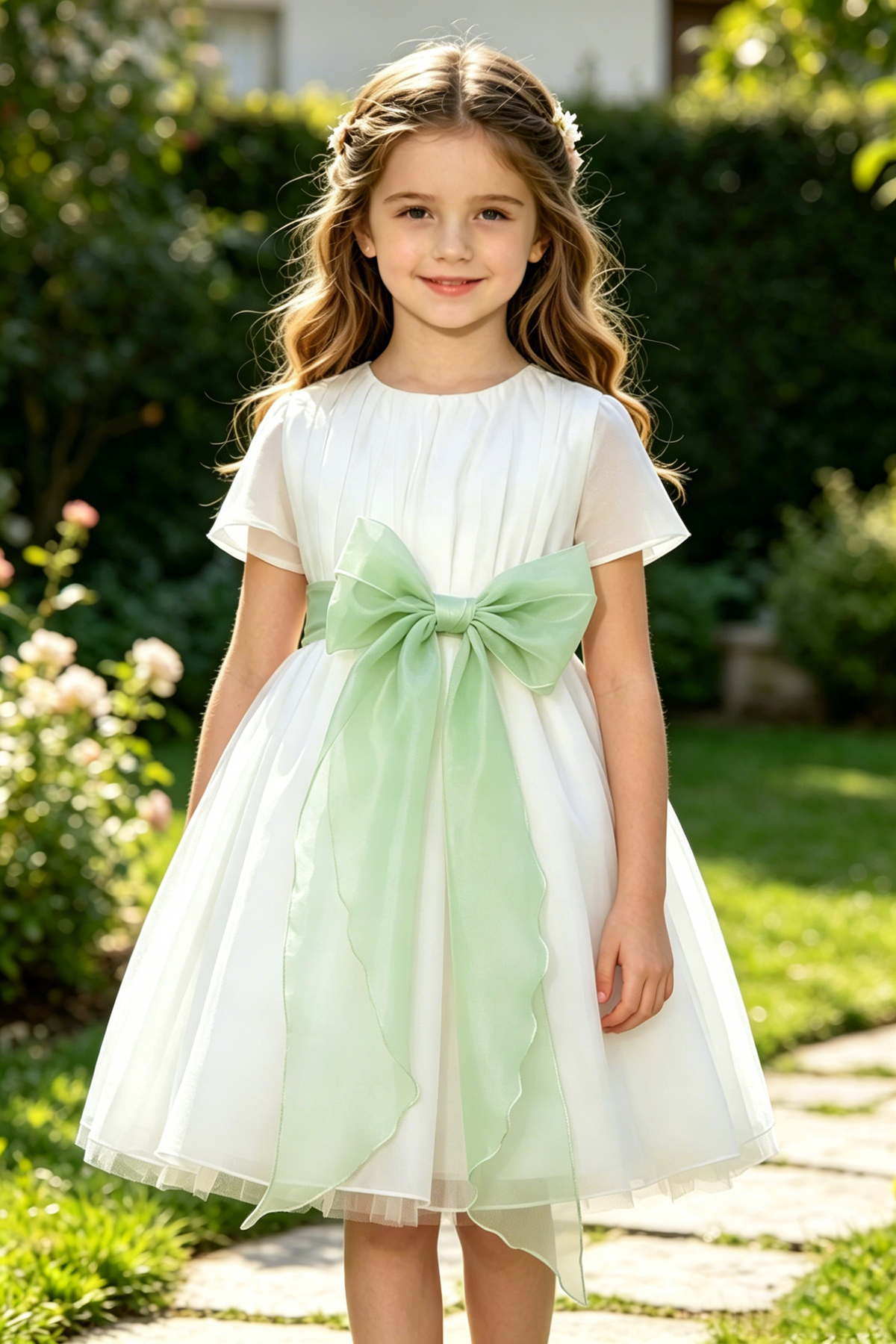 White Chiffon Blue Waist A-Line Dress