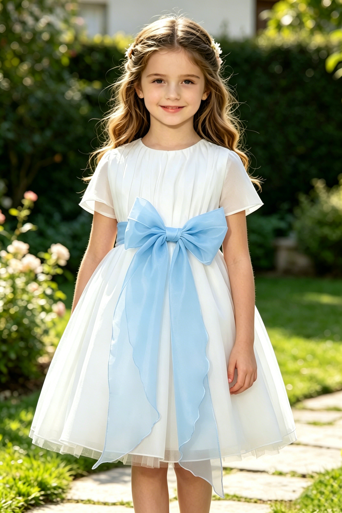 White Chiffon Blue Waist A-Line Dress