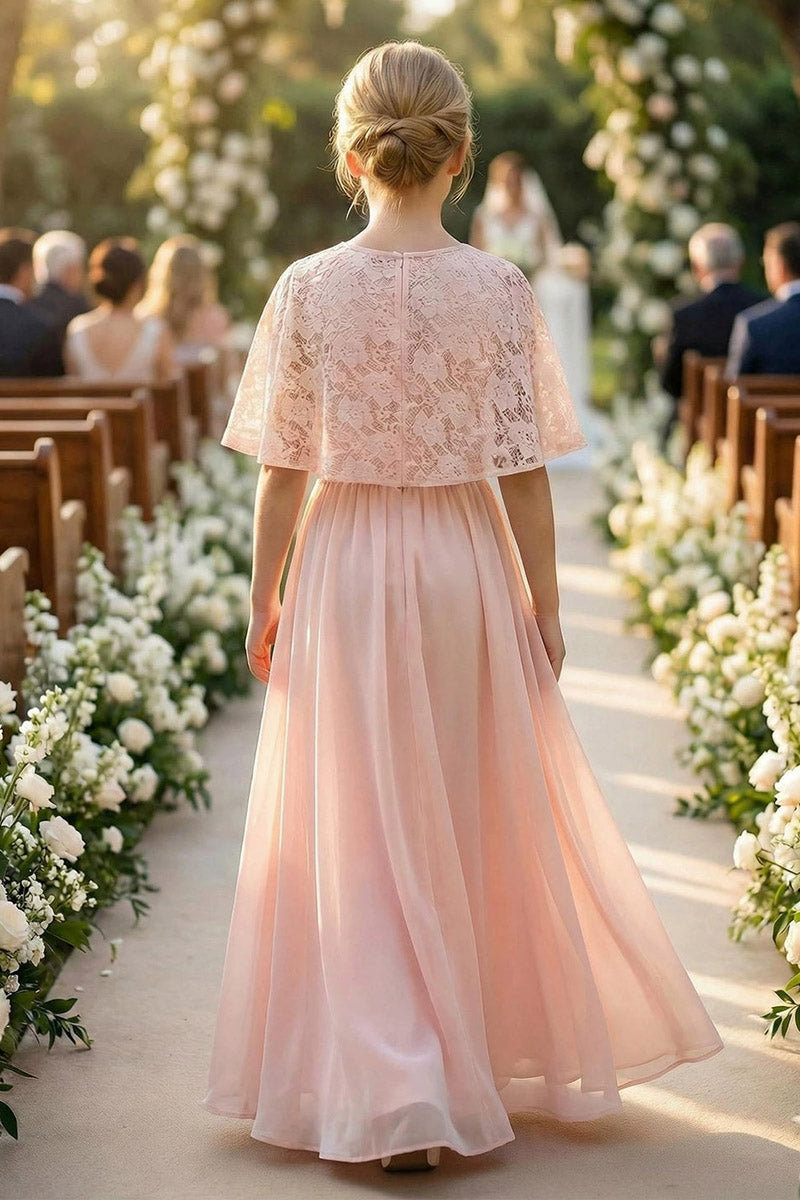 Girls Blush Lace Capelet Chiffon Maxi Dress