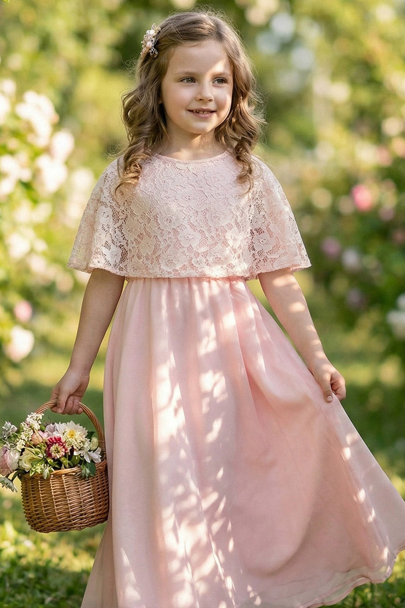 Girls Blush Lace Capelet Chiffon Maxi Dress