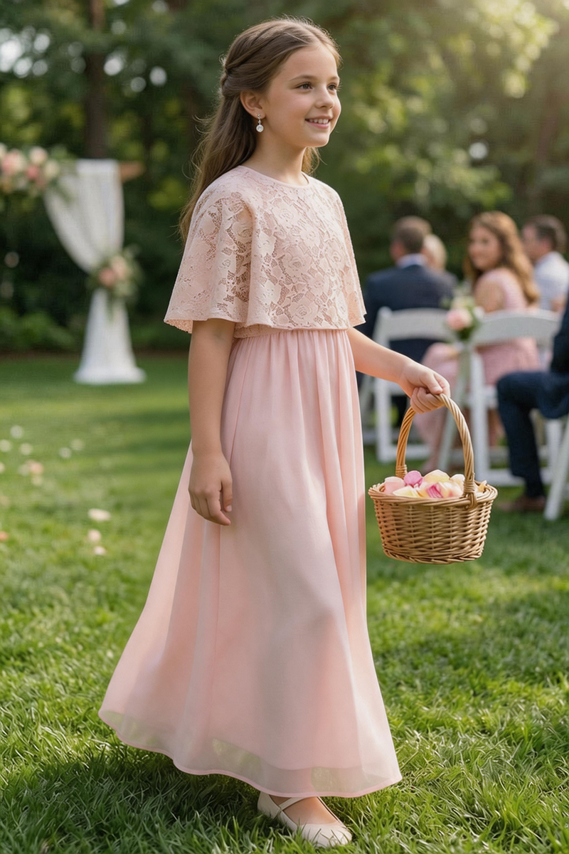 Girls Blush Lace Capelet Chiffon Maxi Dress