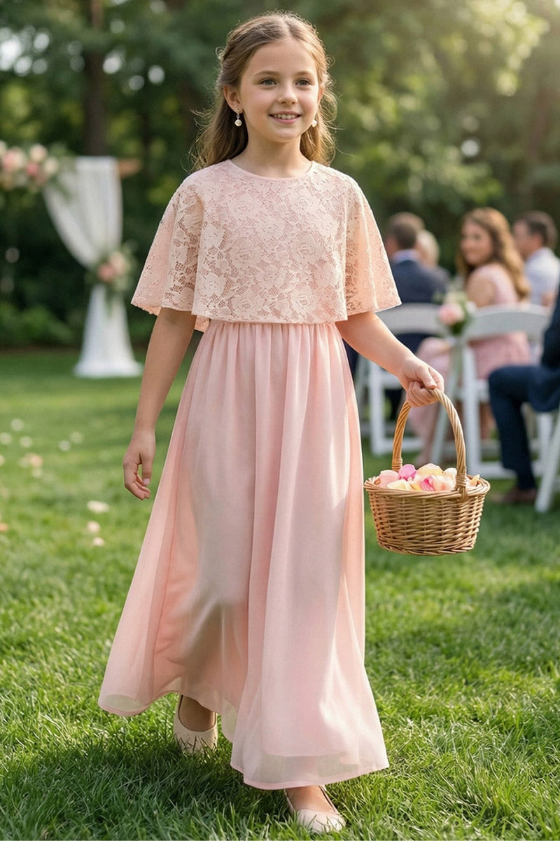 Girls Blush Lace Capelet Chiffon Maxi Dress