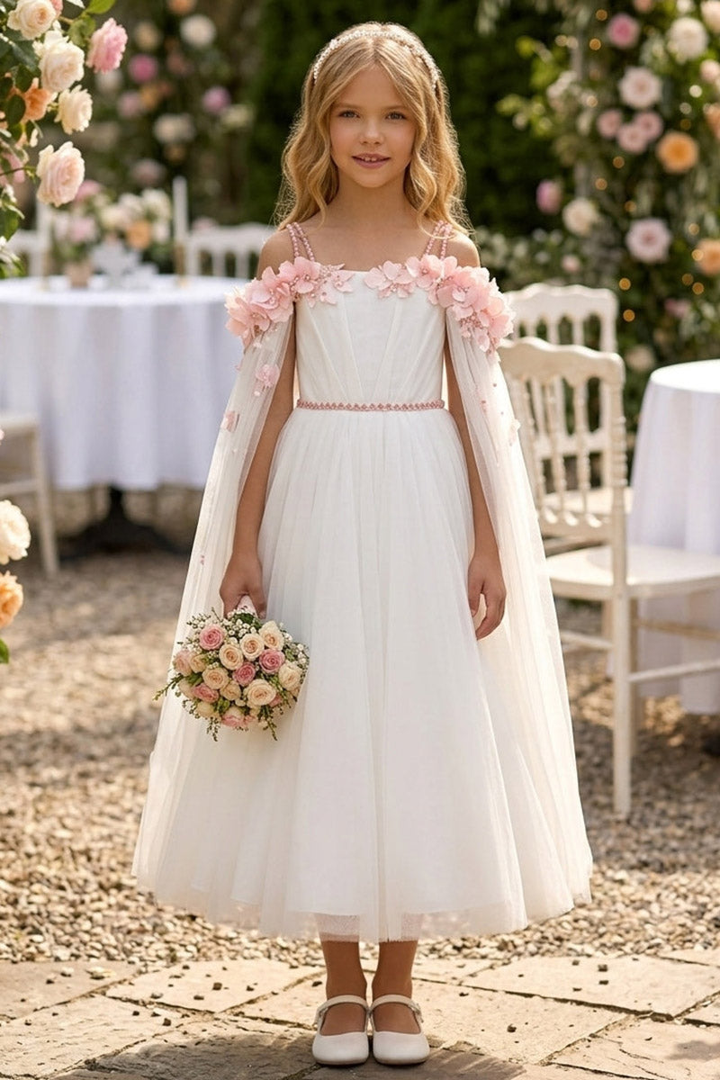 Girls White Tulle Cape Maxi Dress with Pink Floral Appliqués for Wedding Flower Girl Occasions