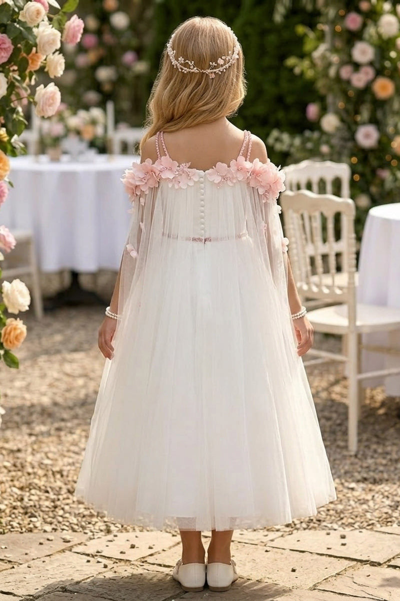 Girls White Tulle Cape Maxi Dress with Pink Floral Appliqués for Wedding Flower Girl Occasions