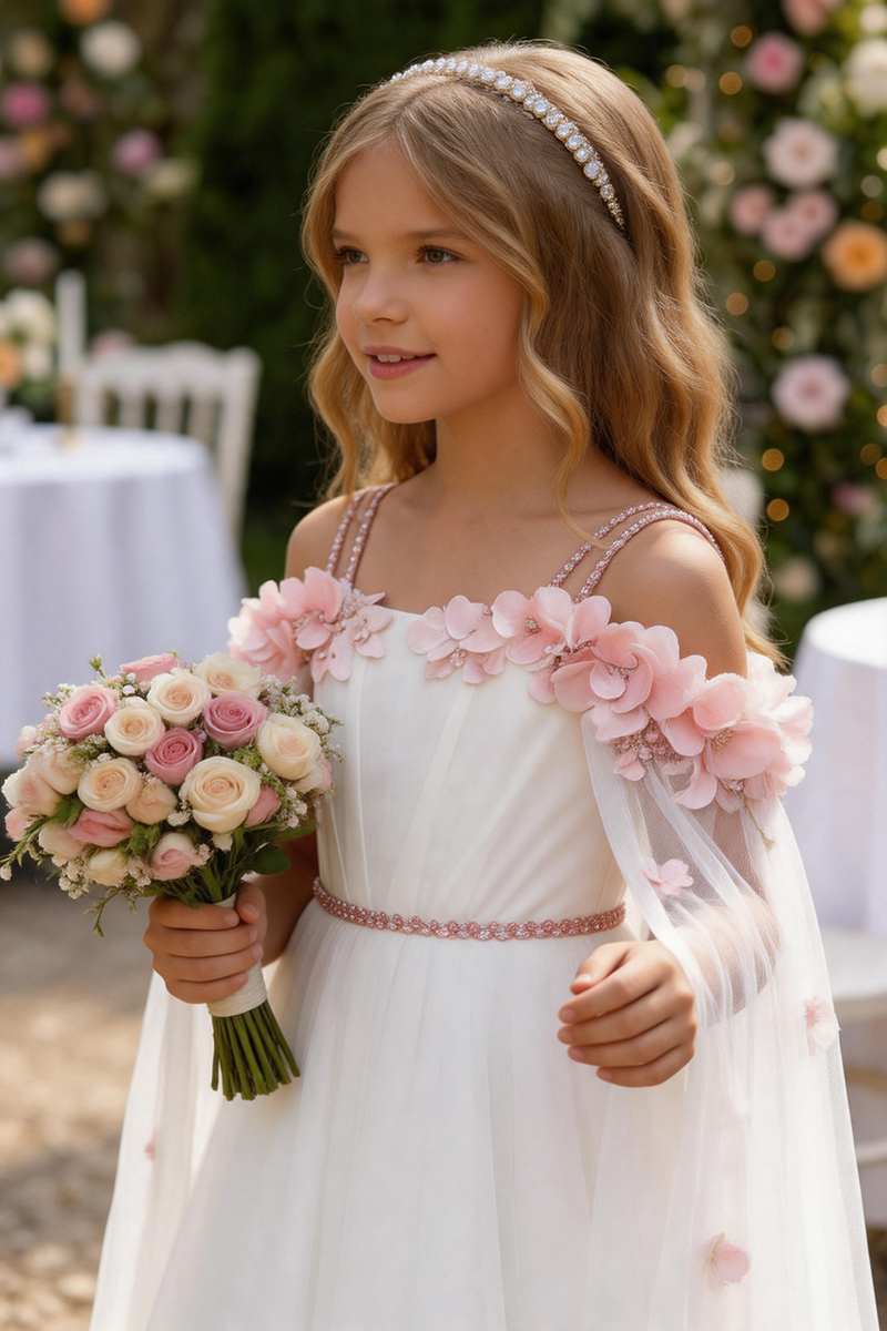 Girls White Tulle Cape Maxi Dress with Pink Floral Appliqués for Wedding Flower Girl Occasions
