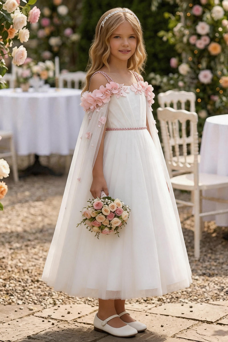 Girls White Tulle Cape Maxi Dress with Pink Floral Appliqués for Wedding Flower Girl Occasions