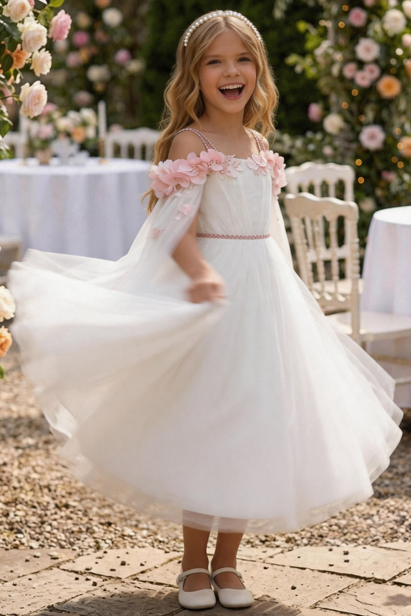 Girls White Tulle Cape Maxi Dress with Pink Floral Appliqués for Wedding Flower Girl Occasions