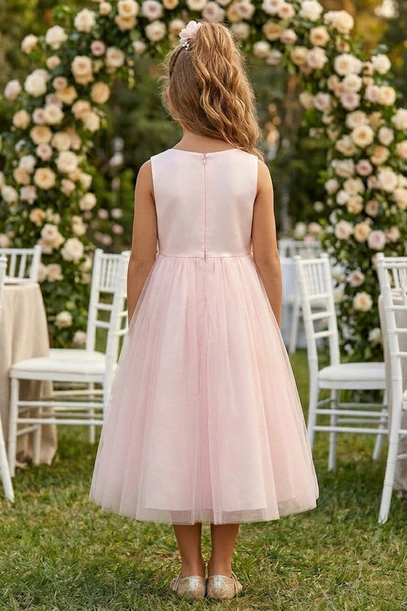 Girls Blush Satin & Tulle Midi Dress with 3D Floral Appliqués