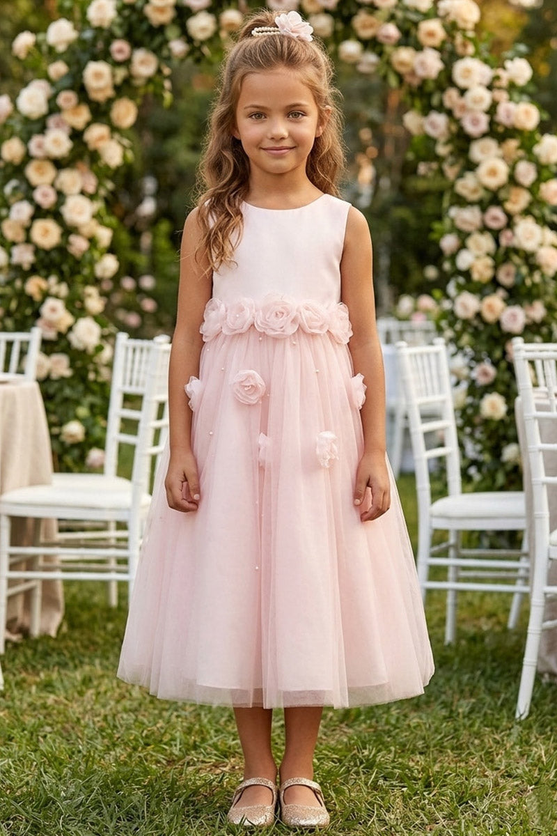 Girls Blush Satin & Tulle Midi Dress with 3D Floral Appliqués