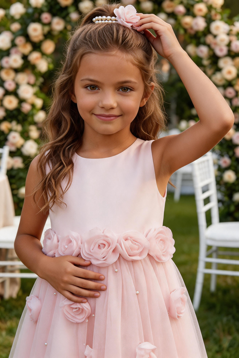 Girls Blush Satin & Tulle Midi Dress with 3D Floral Appliqués
