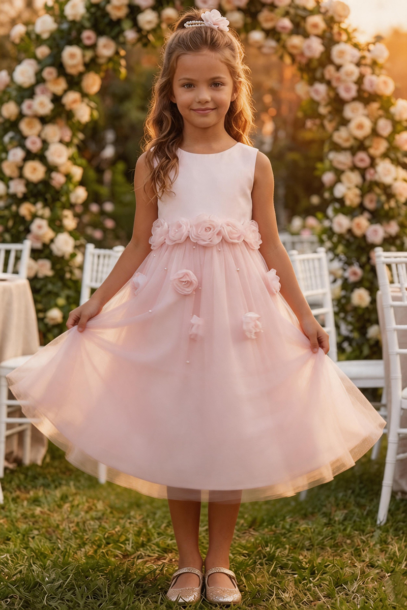 Girls Blush Satin & Tulle Midi Dress with 3D Floral Appliqués