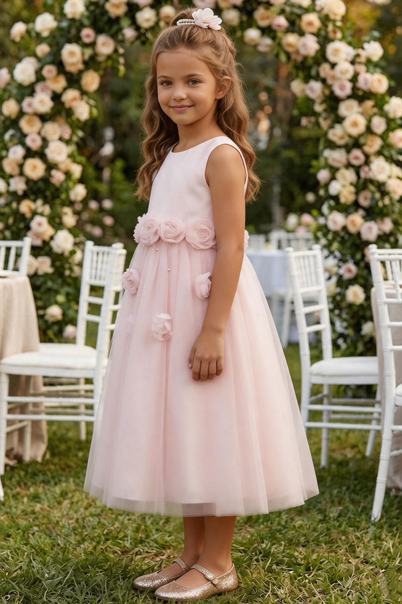 Girls Blush Satin & Tulle Midi Dress with 3D Floral Appliqués
