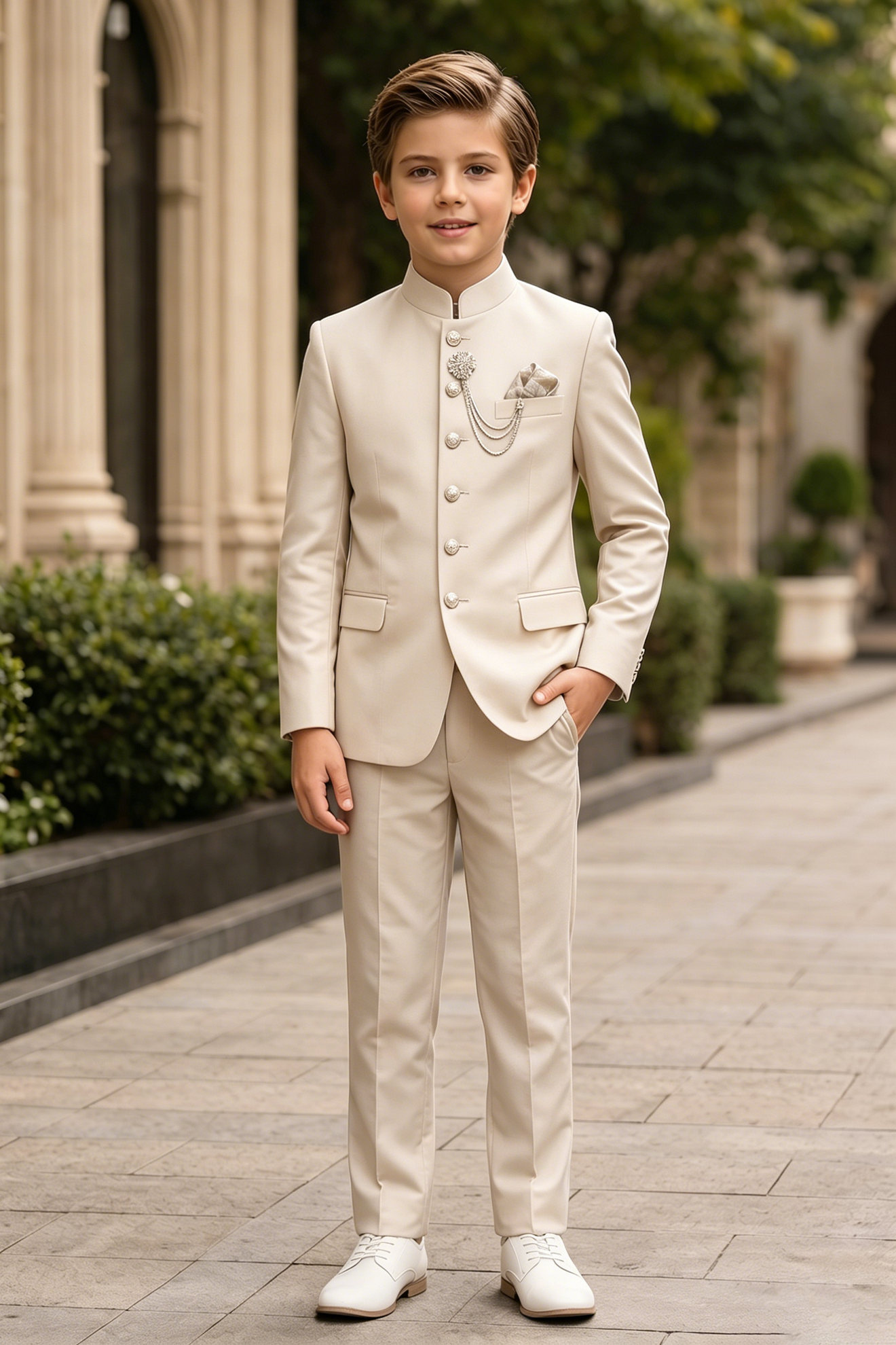 Cream Serge-Blend Mandarin Collar Single-Breasted 2-Piece Suit