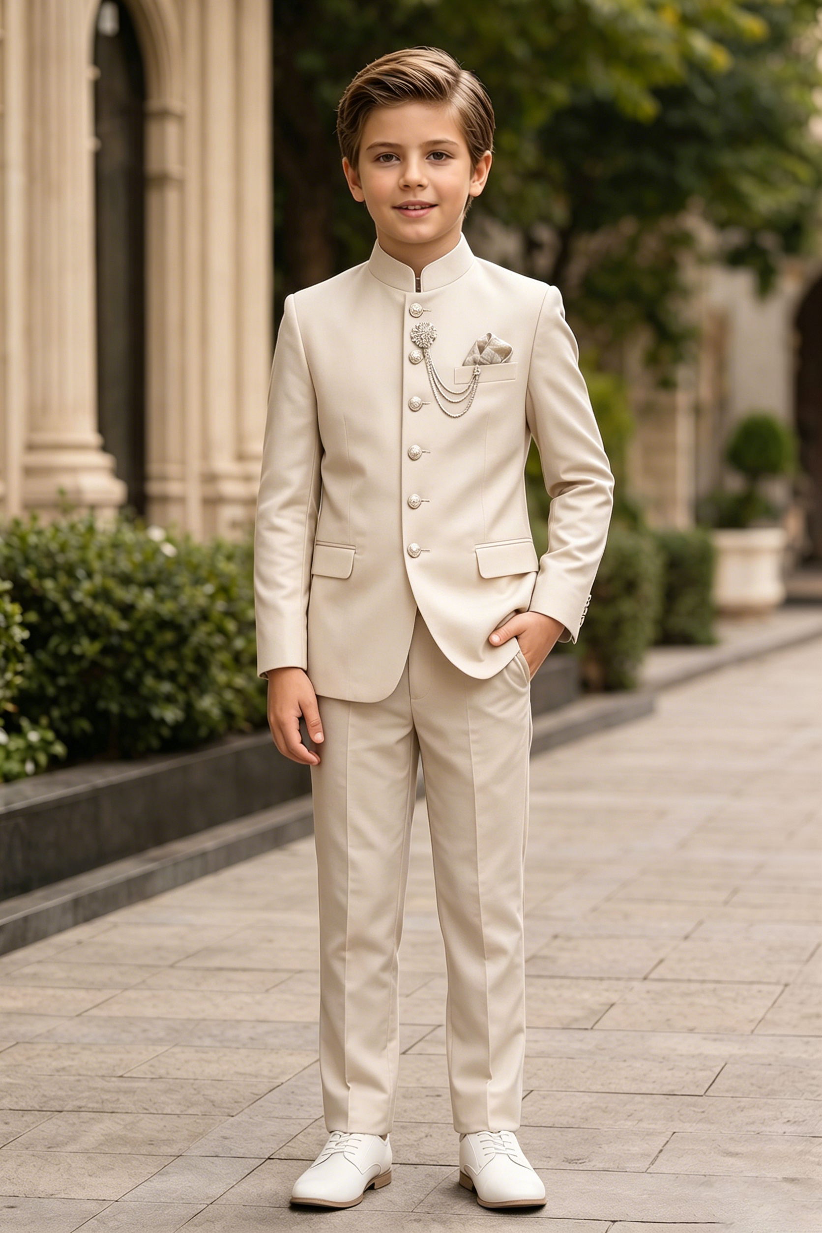 Cream Serge-Blend Mandarin Collar Single-Breasted 2-Piece Suit