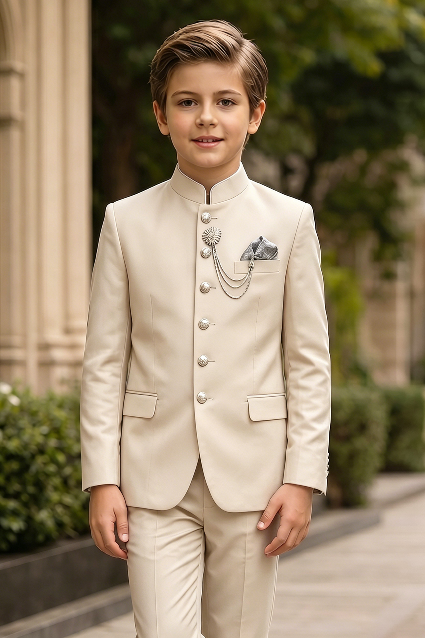 Cream Serge-Blend Mandarin Collar Single-Breasted 2-Piece Suit