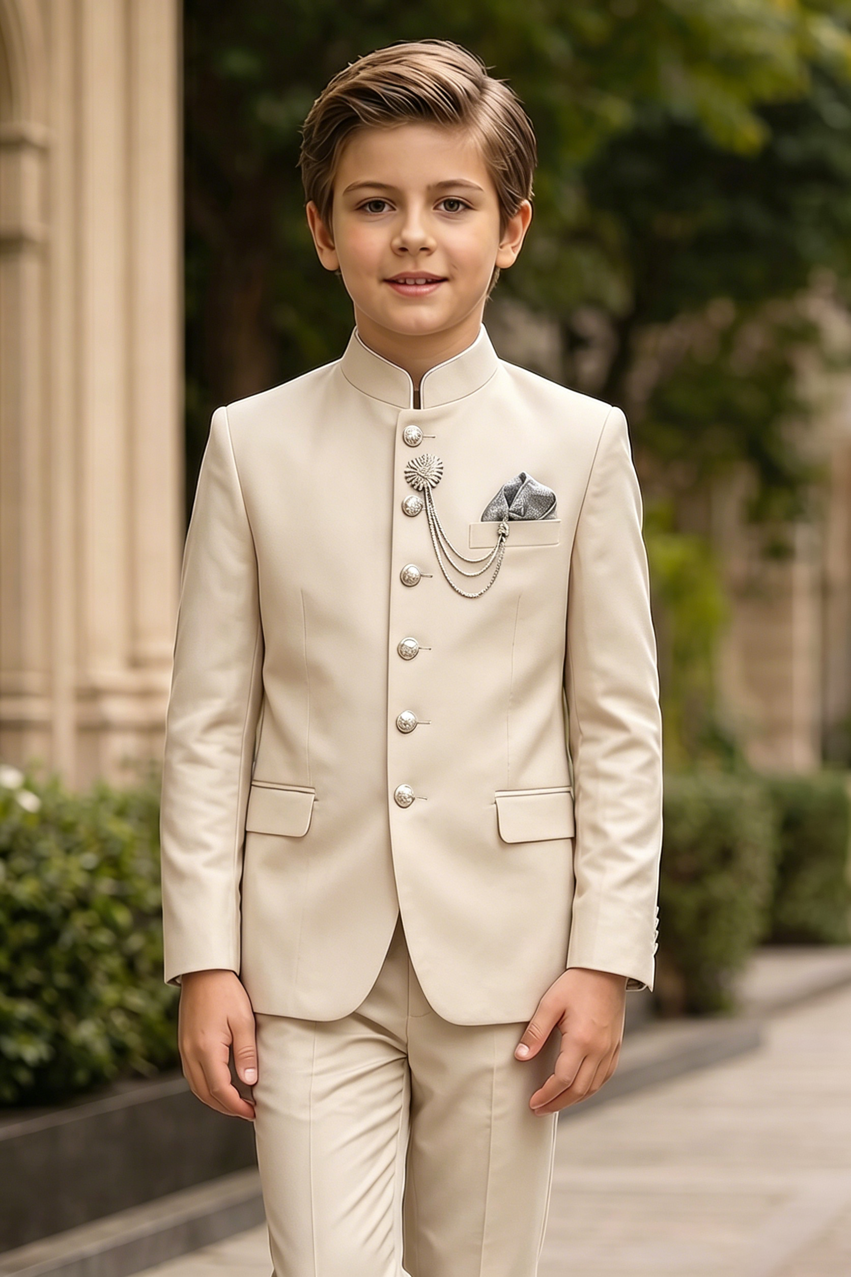 Cream Serge-Blend Mandarin Collar Single-Breasted 2-Piece Suit