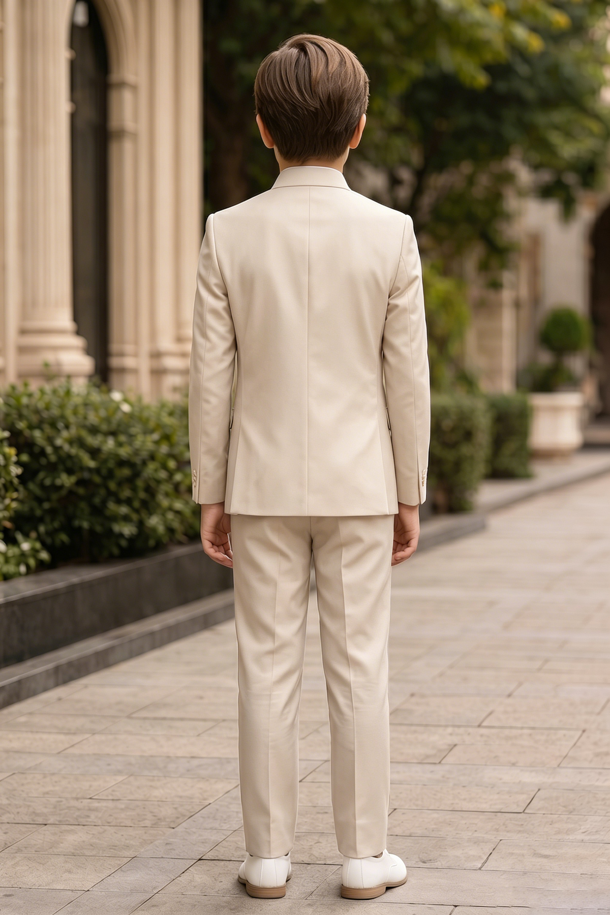 Cream Serge-Blend Mandarin Collar Single-Breasted 2-Piece Suit