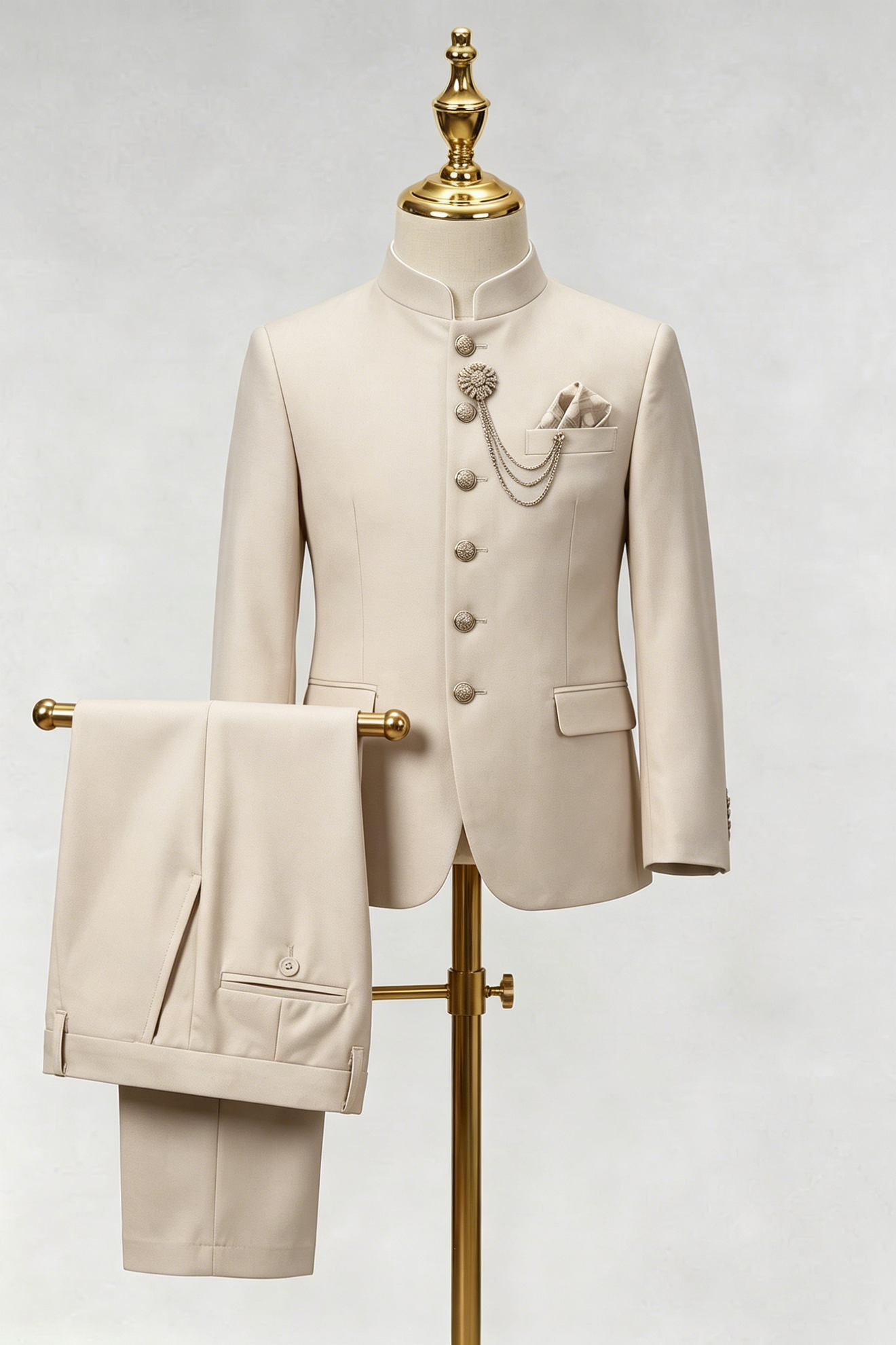 Cream Serge-Blend Mandarin Collar Single-Breasted 2-Piece Suit