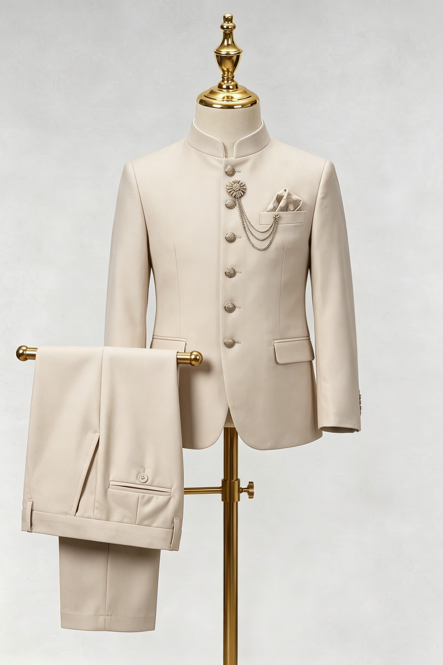 Cream Serge-Blend Mandarin Collar Single-Breasted 2-Piece Suit