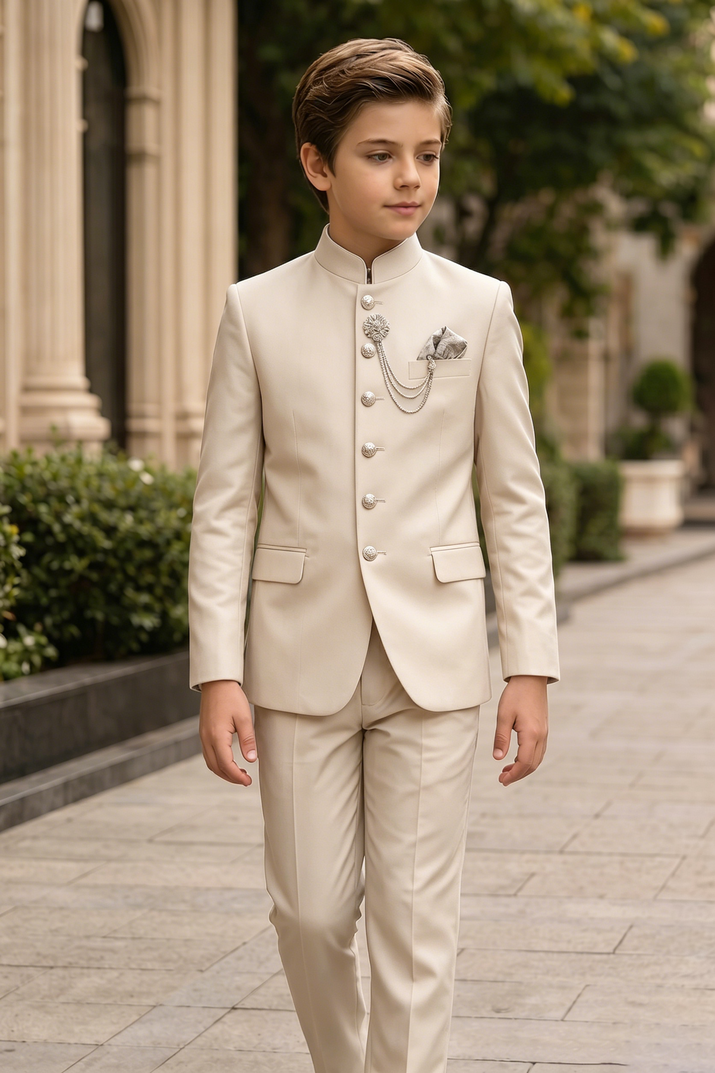 Cream Serge-Blend Mandarin Collar Single-Breasted 2-Piece Suit