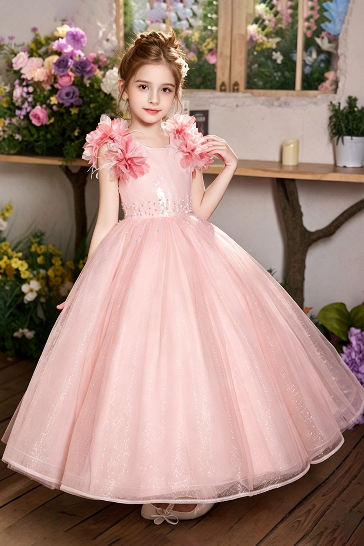 Pink Floral Shoulder Glitter Tulle Rhinestone A-Line Dress