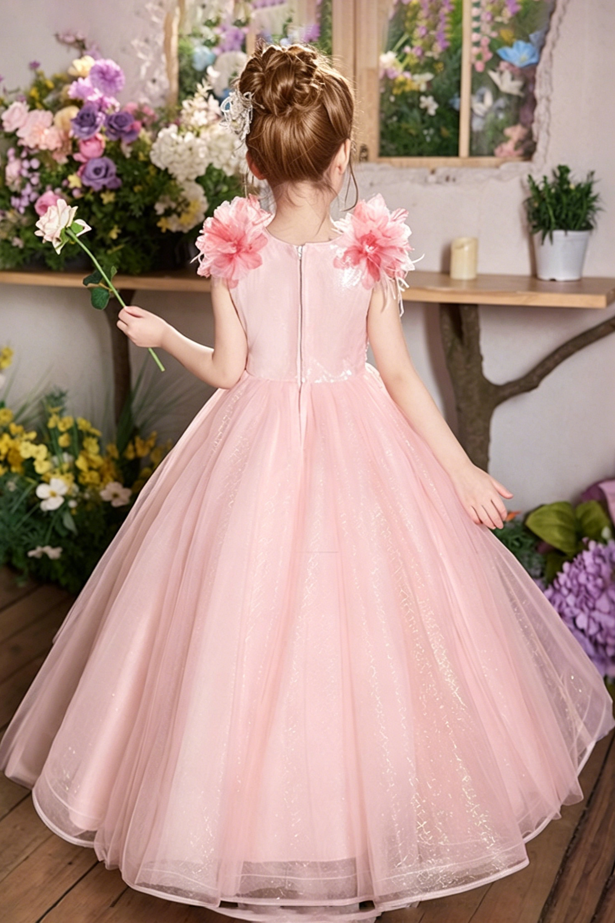 Pink Floral Shoulder Glitter Tulle Rhinestone A-Line Dress