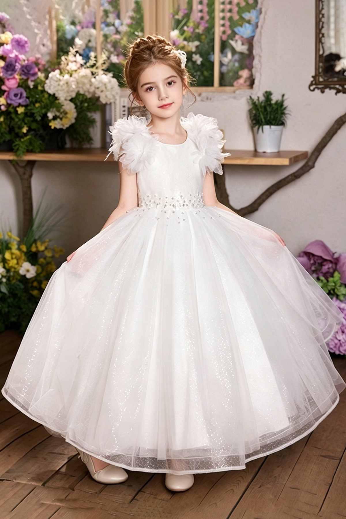 Pink Floral Shoulder Glitter Tulle Rhinestone A-Line Dress