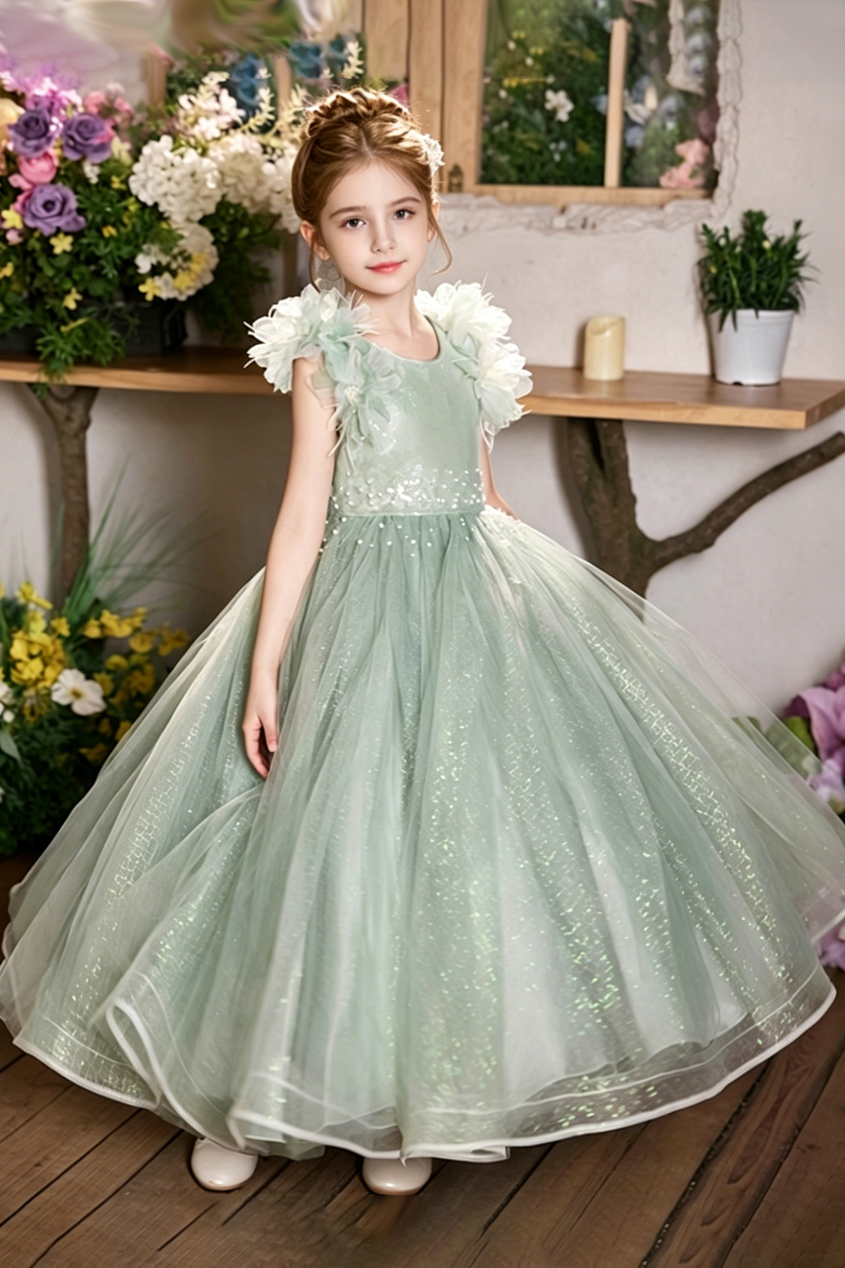 Pink Floral Shoulder Glitter Tulle Rhinestone A-Line Dress