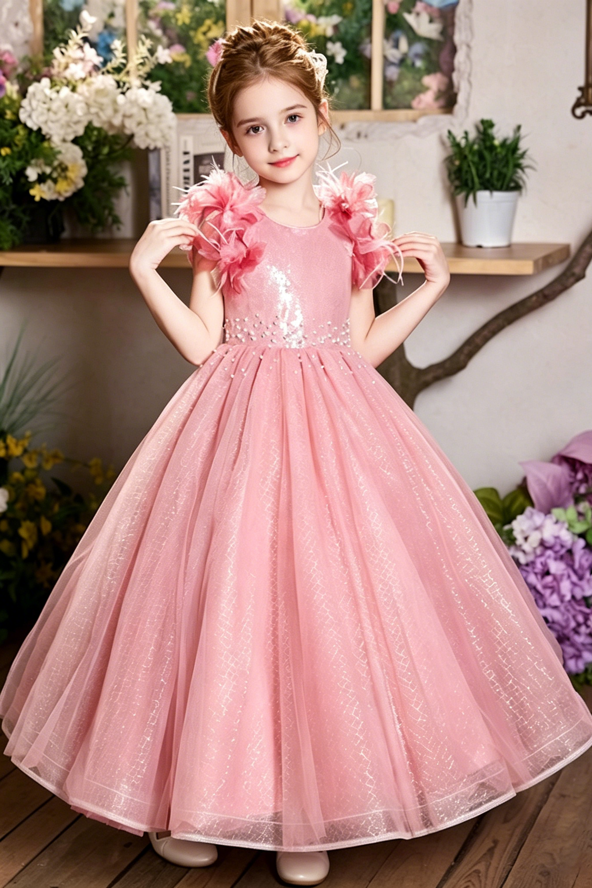 Pink Floral Shoulder Glitter Tulle Rhinestone A-Line Dress