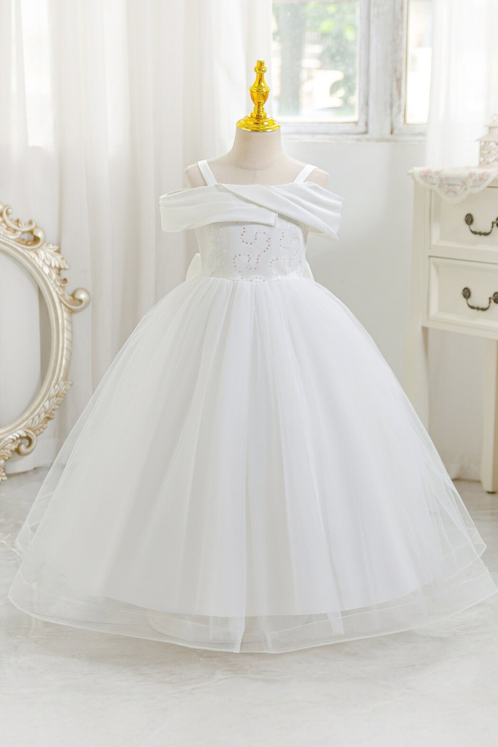 White Off-Shoulder Satin Tulle Back Bow & Sequin Bodice Dress