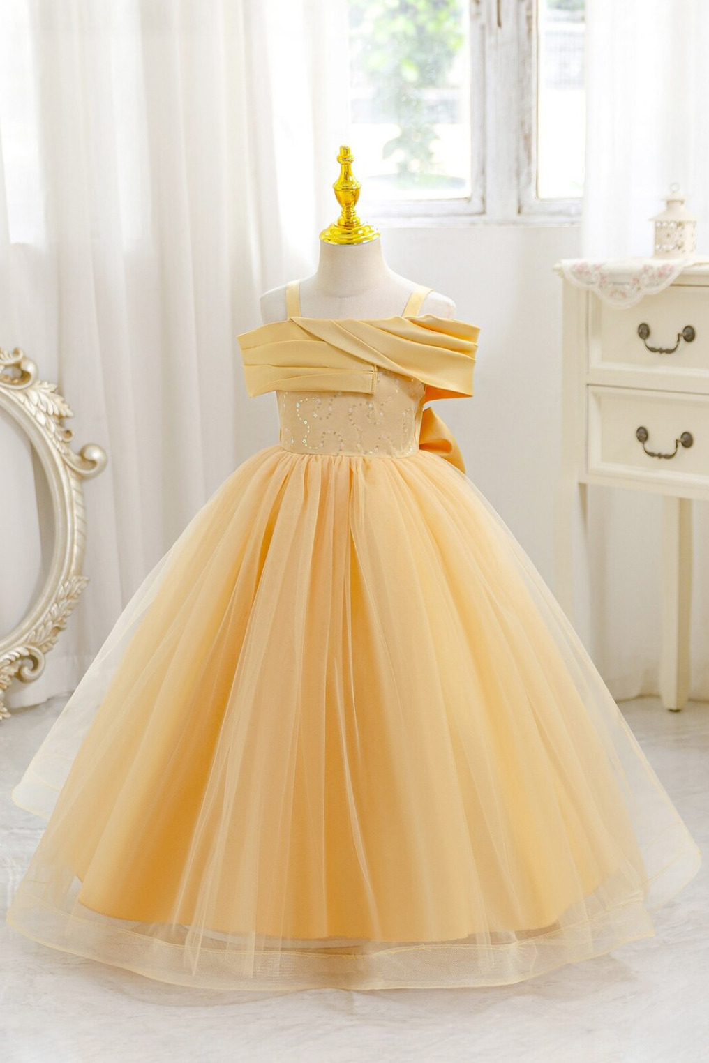 White Off-Shoulder Satin Tulle Back Bow & Sequin Bodice Dress