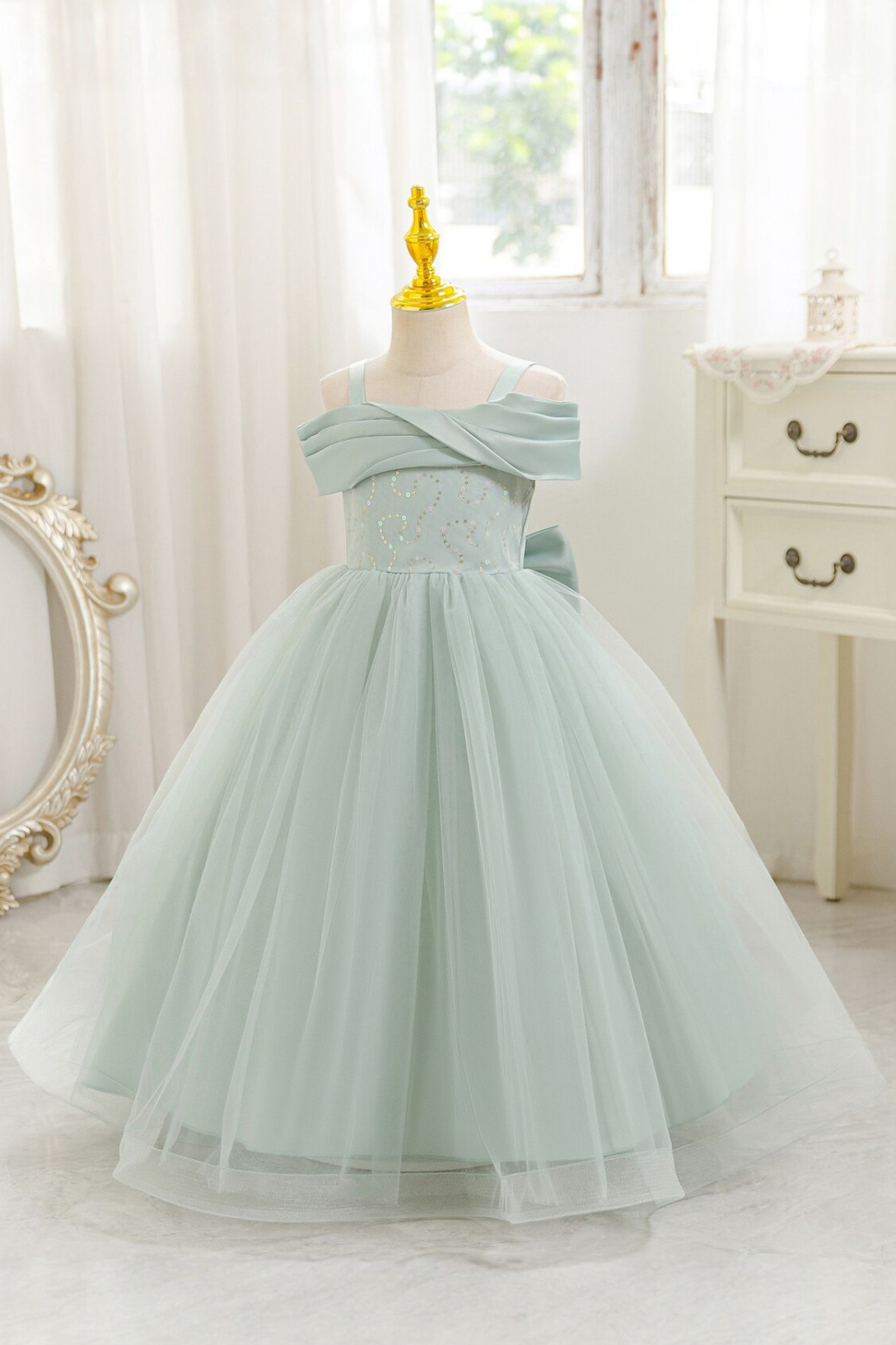 White Off-Shoulder Satin Tulle Back Bow & Sequin Bodice Dress