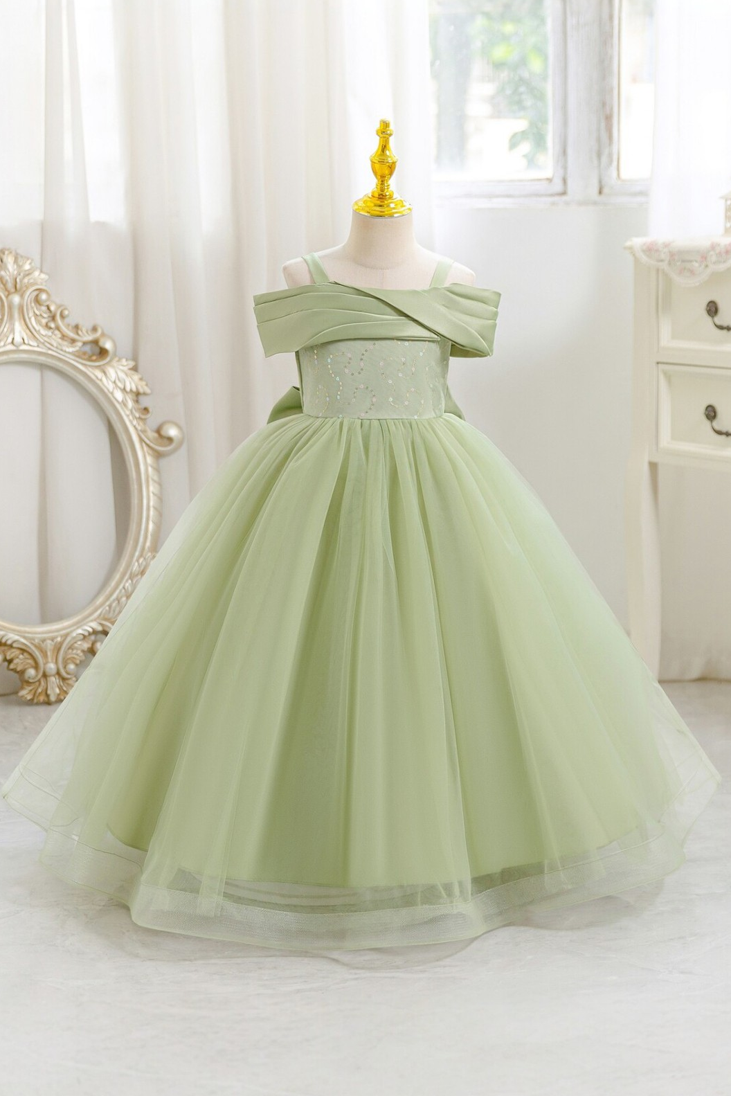 White Off-Shoulder Satin Tulle Back Bow & Sequin Bodice Dress