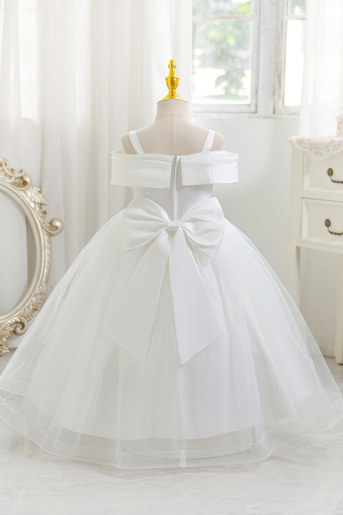 White Off-Shoulder Satin Tulle Back Bow & Sequin Bodice Dress