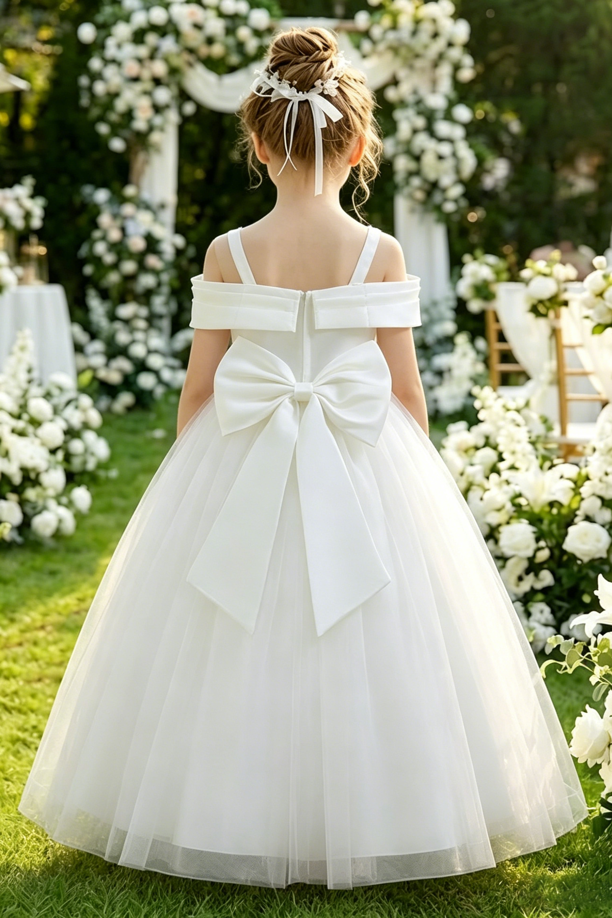 White Off-Shoulder Satin Tulle Back Bow & Sequin Bodice Dress