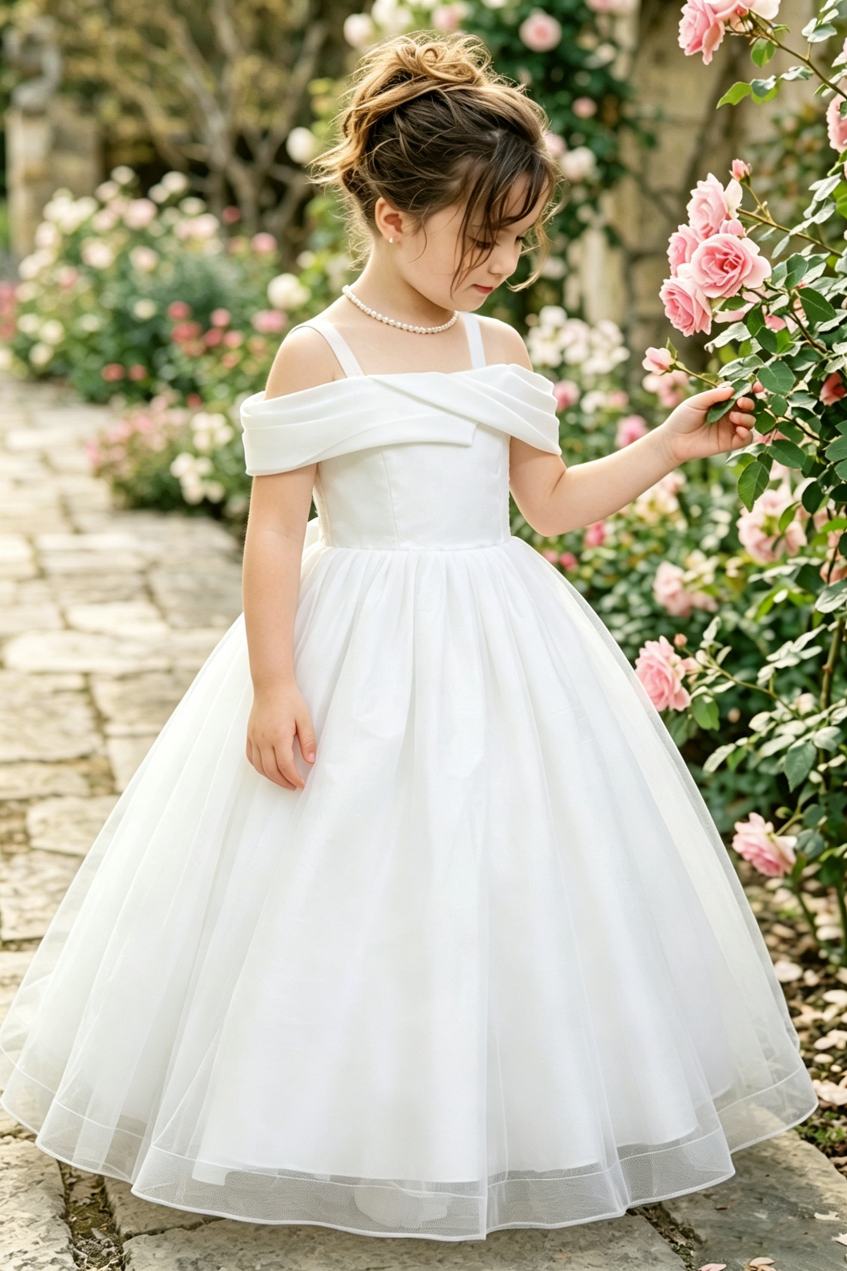 White Off-Shoulder Satin Tulle Back Bow & Sequin Bodice Dress