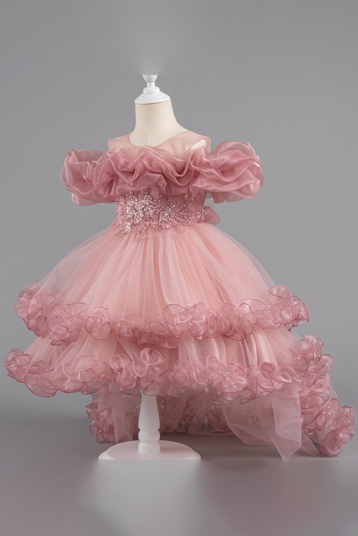 Pink Off-Shoulder Chiffon Tulle Ruffles & Back Satin Bow Dress